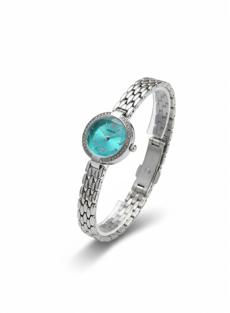 Casio Stainless Steel Turquoise Dial Crystal Bezel Quartz Watch - Image 4